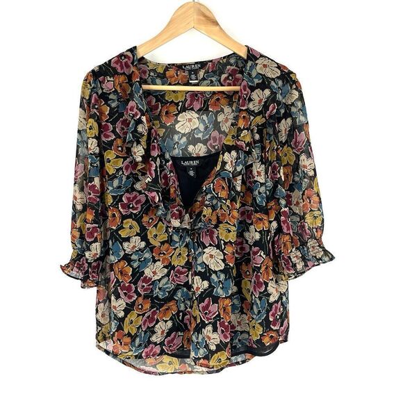 Ralph Lauren Top Size Medium Black Floral Print Ruffle Blouse Sheer Layer Smock - Picture 1 of 10